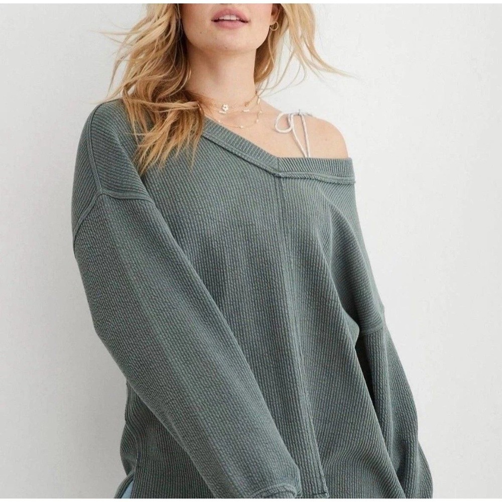 Aerie Wonder Textured V-Neck Sweatshirt Womens XS Green Oversized Fit Boho Comfy